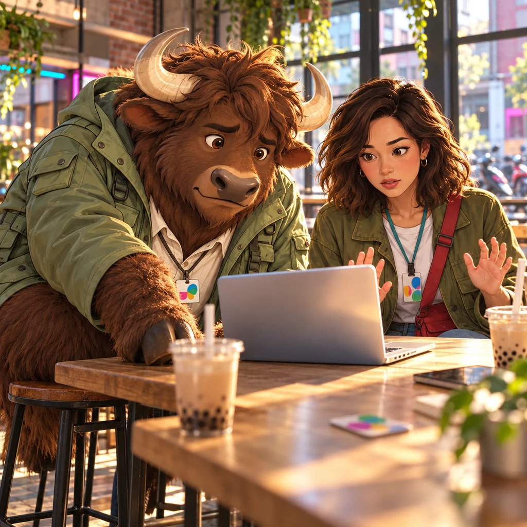 A-Li leans from two stools toward Maya's laptop with a concerned look while she sits back from the keys.