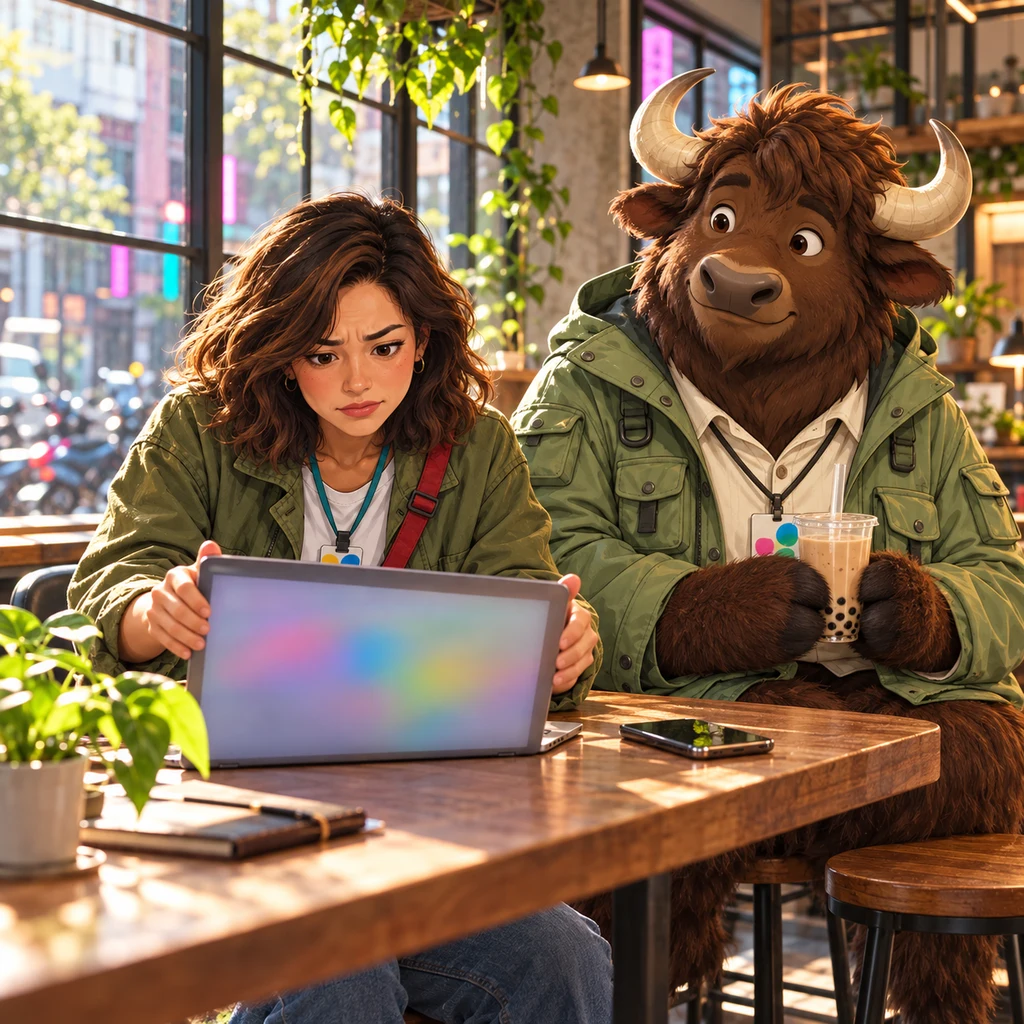 Maya frames her open laptop with both hands, head tilted in frustration, while A-Li drinks bubble tea on two stools.