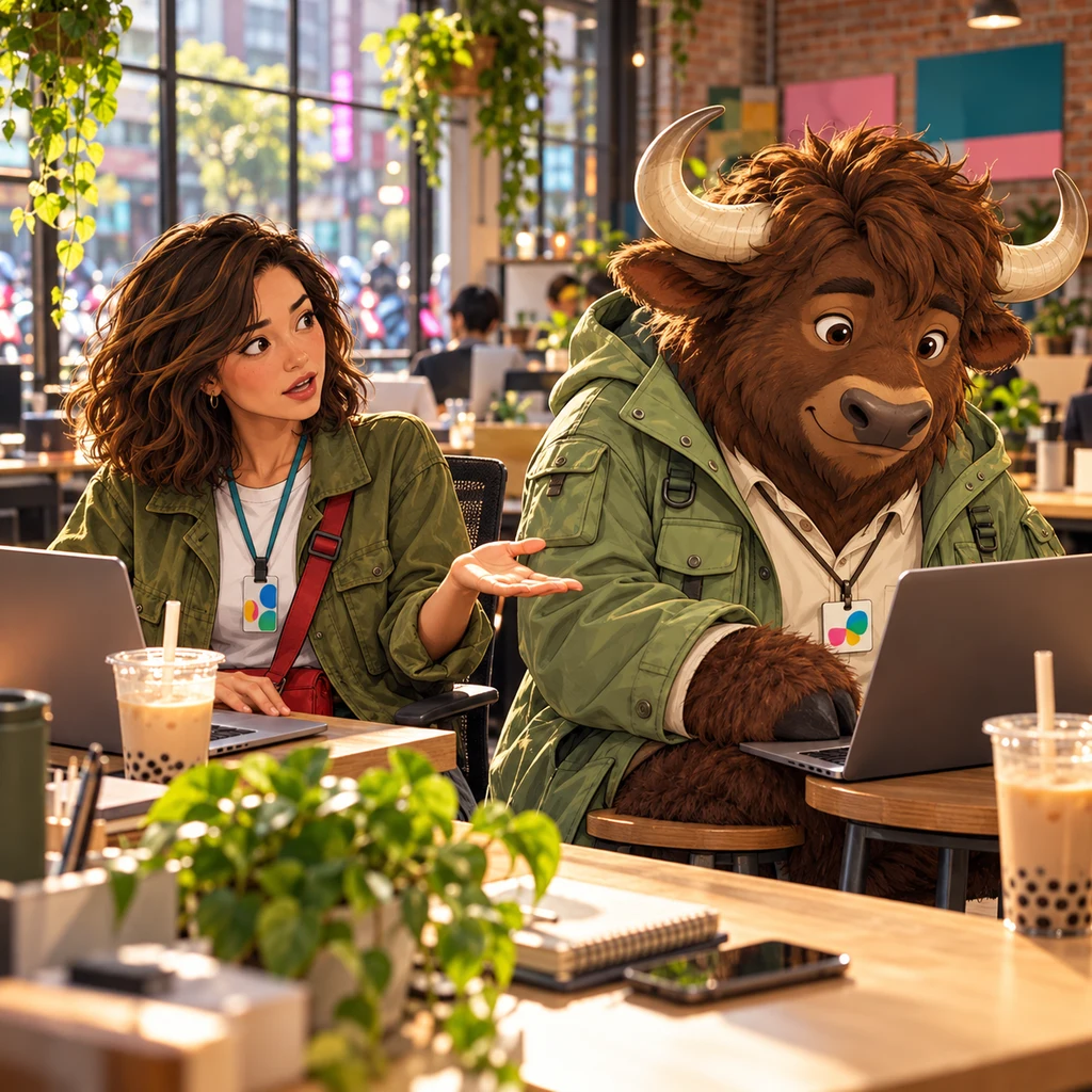 Maya sits back with an open-handed gesture at the laptop as if it used to work, while A-Li minds his own screen on two stools.