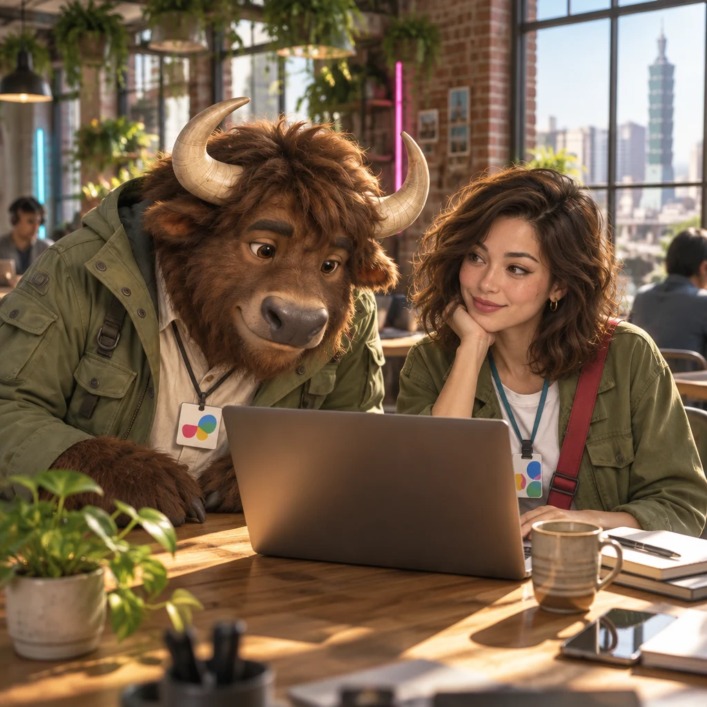 A-Li leans in from the next table and studies a smeared glow on Maya's laptop while she watches him.