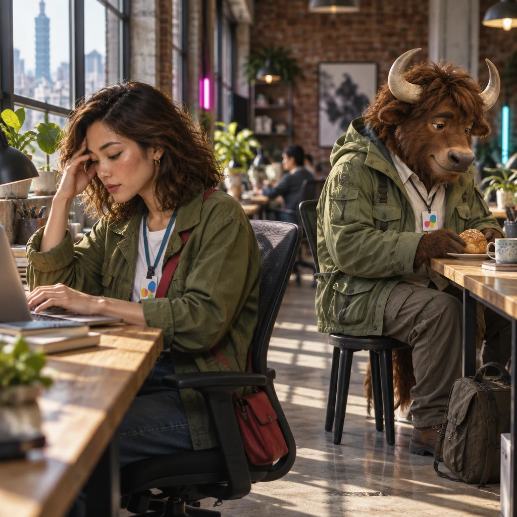 Maya rubs her temple, weary, with a hand on the laptop, while A-Li looks down at a pastry.
