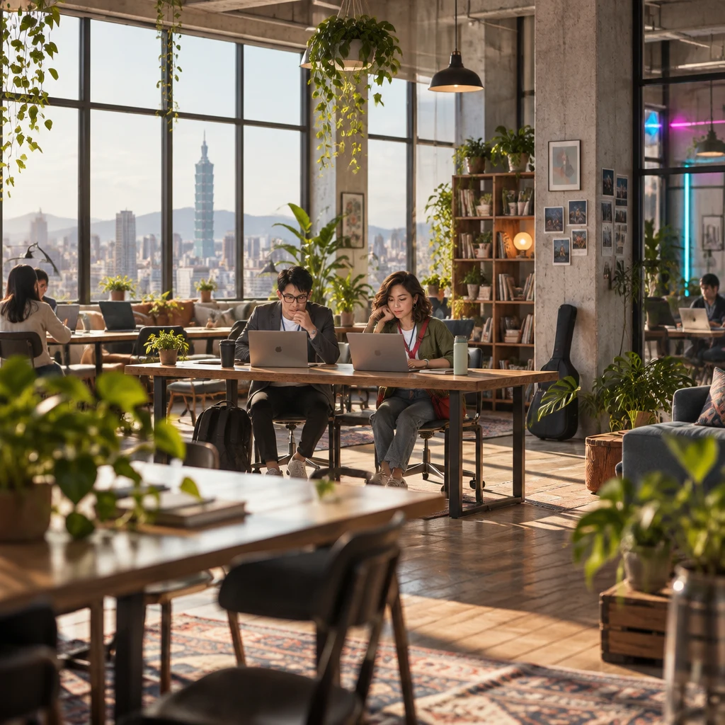 In a sunlit Taipei coworking loft, Zhi-Ming stares at a frozen laptop while Maya sits beside him with her own laptop already open from a failed upload.