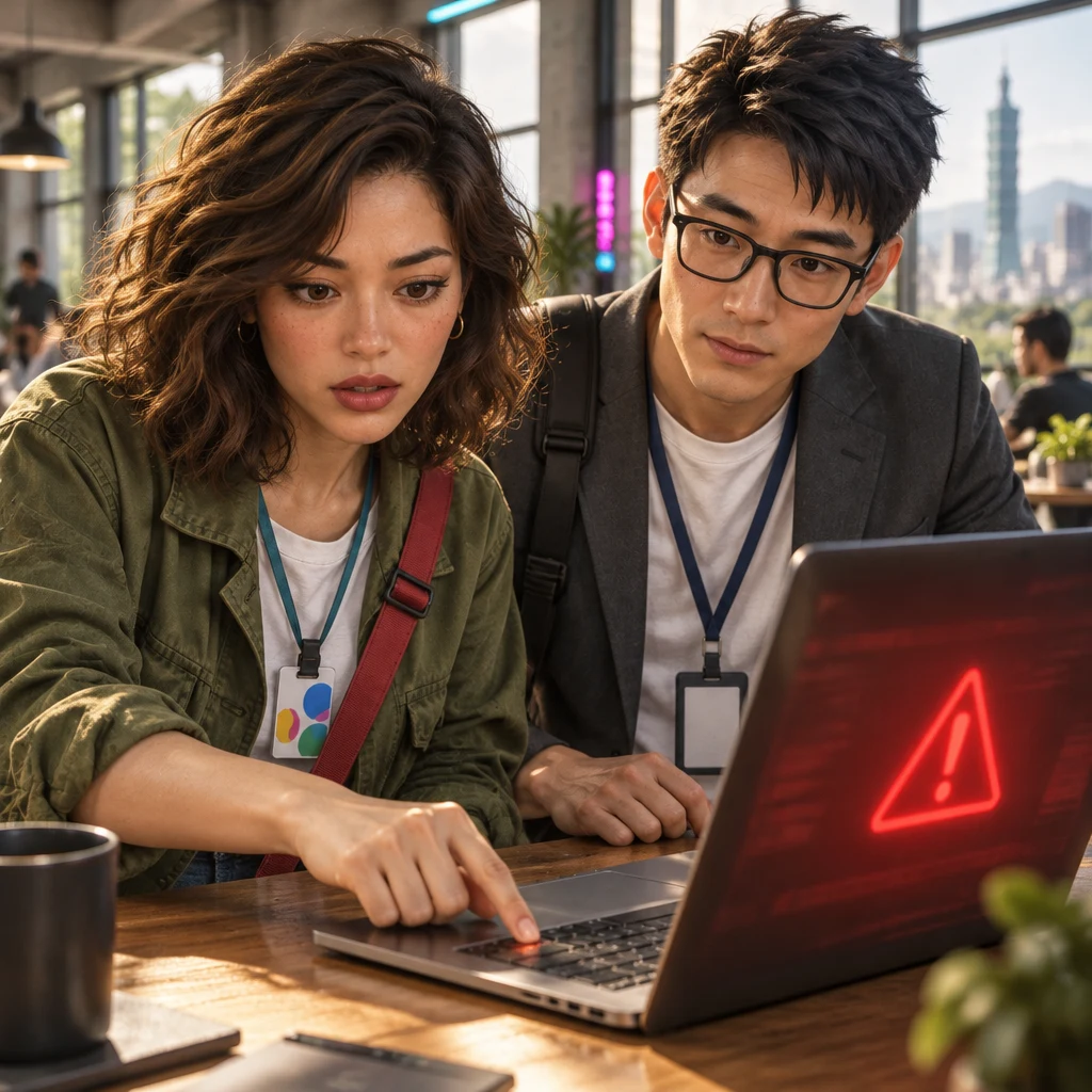 Maya's finger is still on the laptop after pressing, a warning glow on the screen, while Zhi-Ming's hand waits at the edge of the desk.