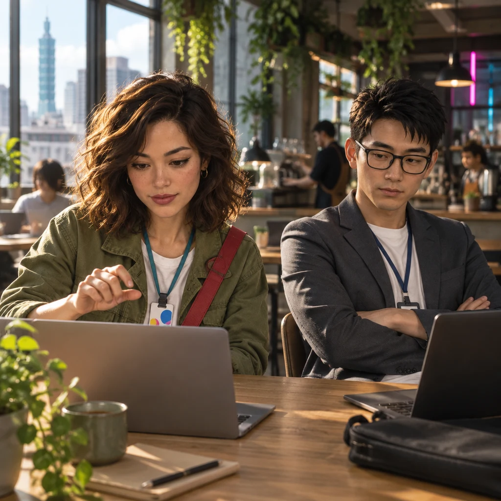 Maya traces an upload motion on her laptop to show the trouble happens only then, while Zhi-Ming sits back from a dark screen.