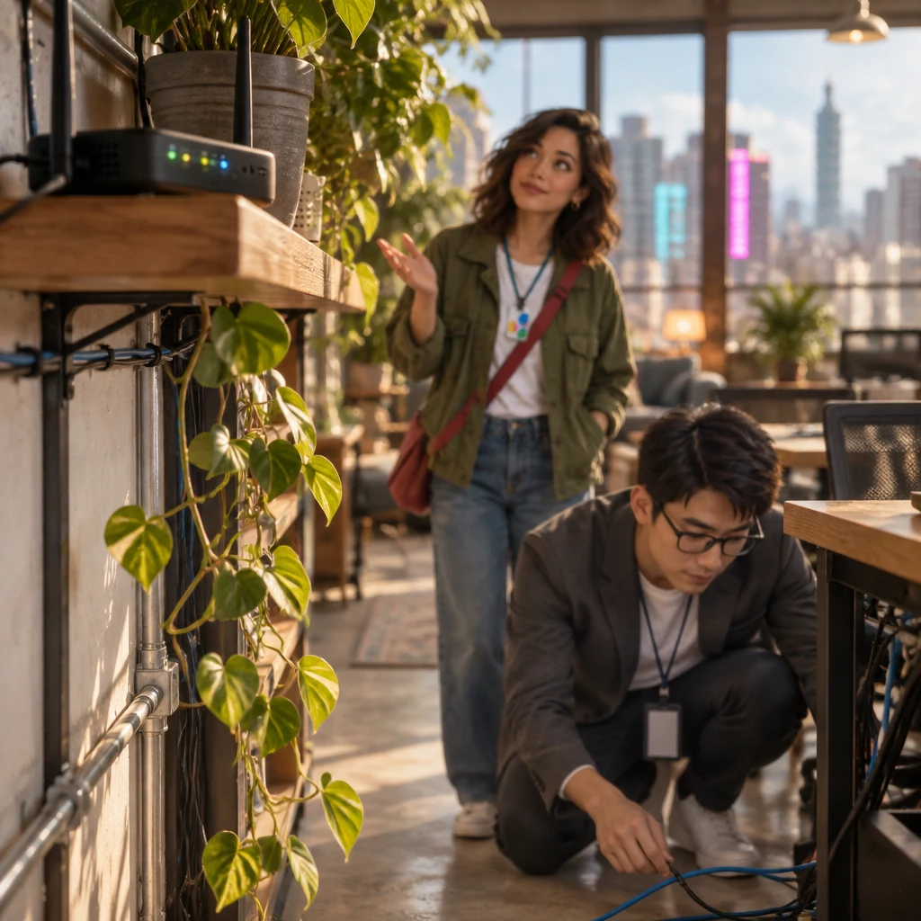 A shelf router blinks in the foreground while Maya guesses toward it and Zhi-Ming crouches under the desk to check a cable.
