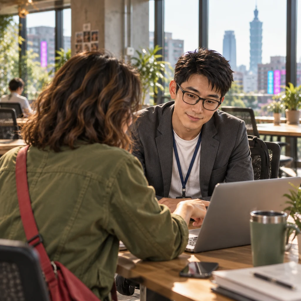 Maya rotates her laptop toward Zhi-Ming and leans in to demonstrate, while he scoots forward with hands on his knees to watch.
