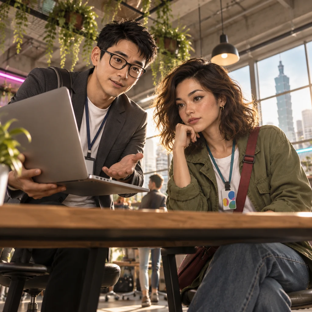 Zhi-Ming turns his stuck laptop toward Maya with an open-handed plea, while she studies his screen with her chin on her hand.