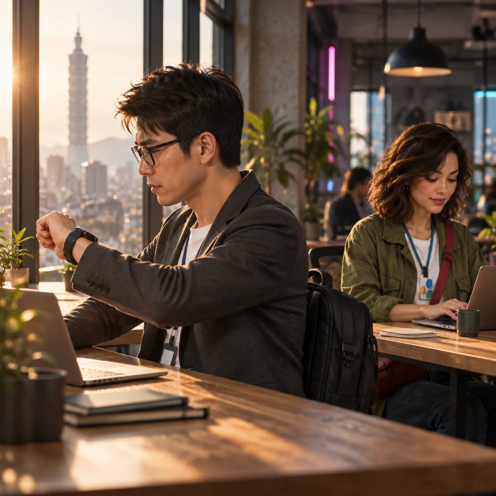 Zhi-Ming checks a blank-faced watch in late-afternoon window light with tense urgency, while Maya stays calmly typing on her own laptop.