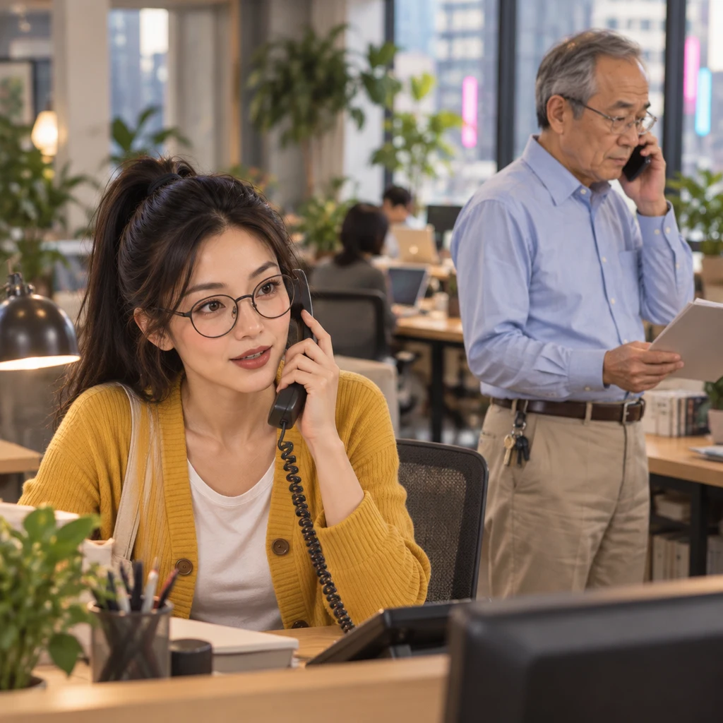 Yi-Jun answers the call and asks who is calling while Mr. Wang talks on another line.