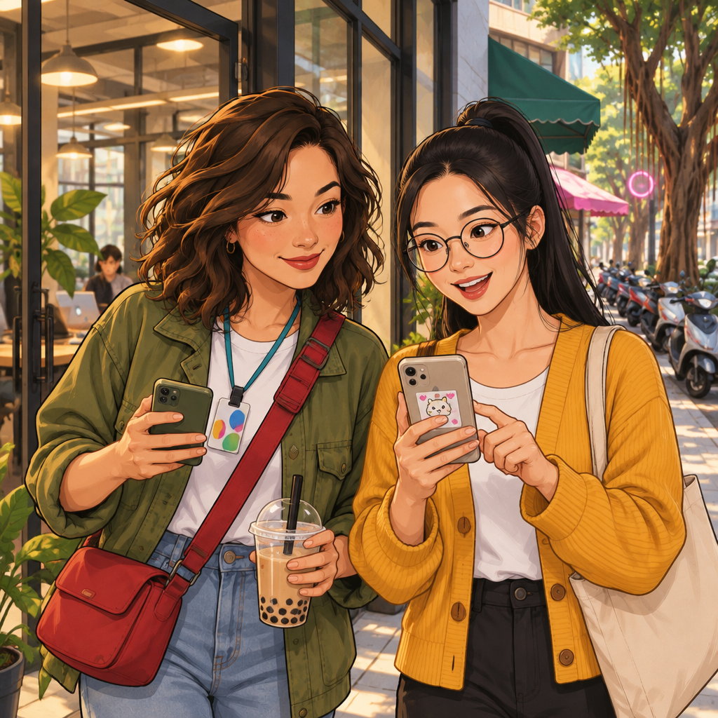 Maya and Yi-Jun pause by the co-working space exit and take out their phones, with Yi-Jun ready to send a playful sticker.