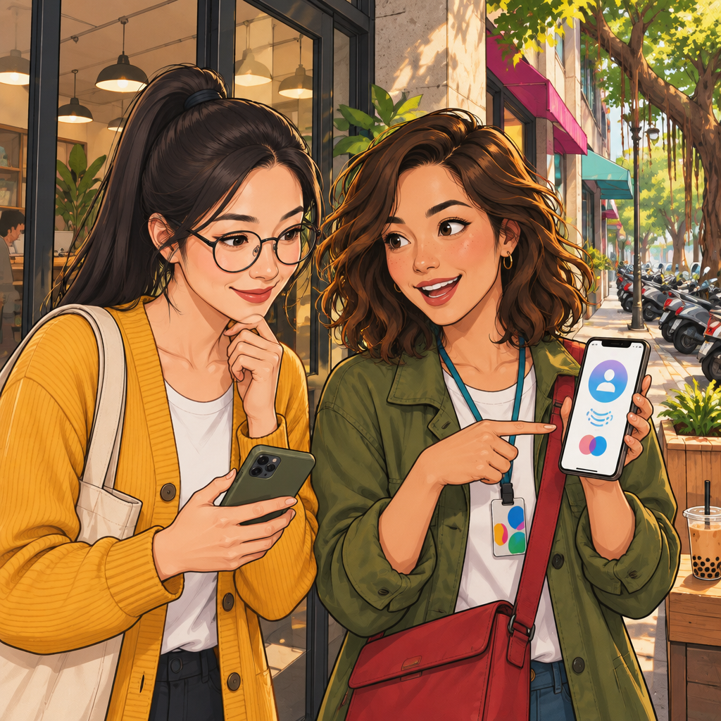 Maya invites Yi-Jun to add her as a contact, holding her phone toward him.