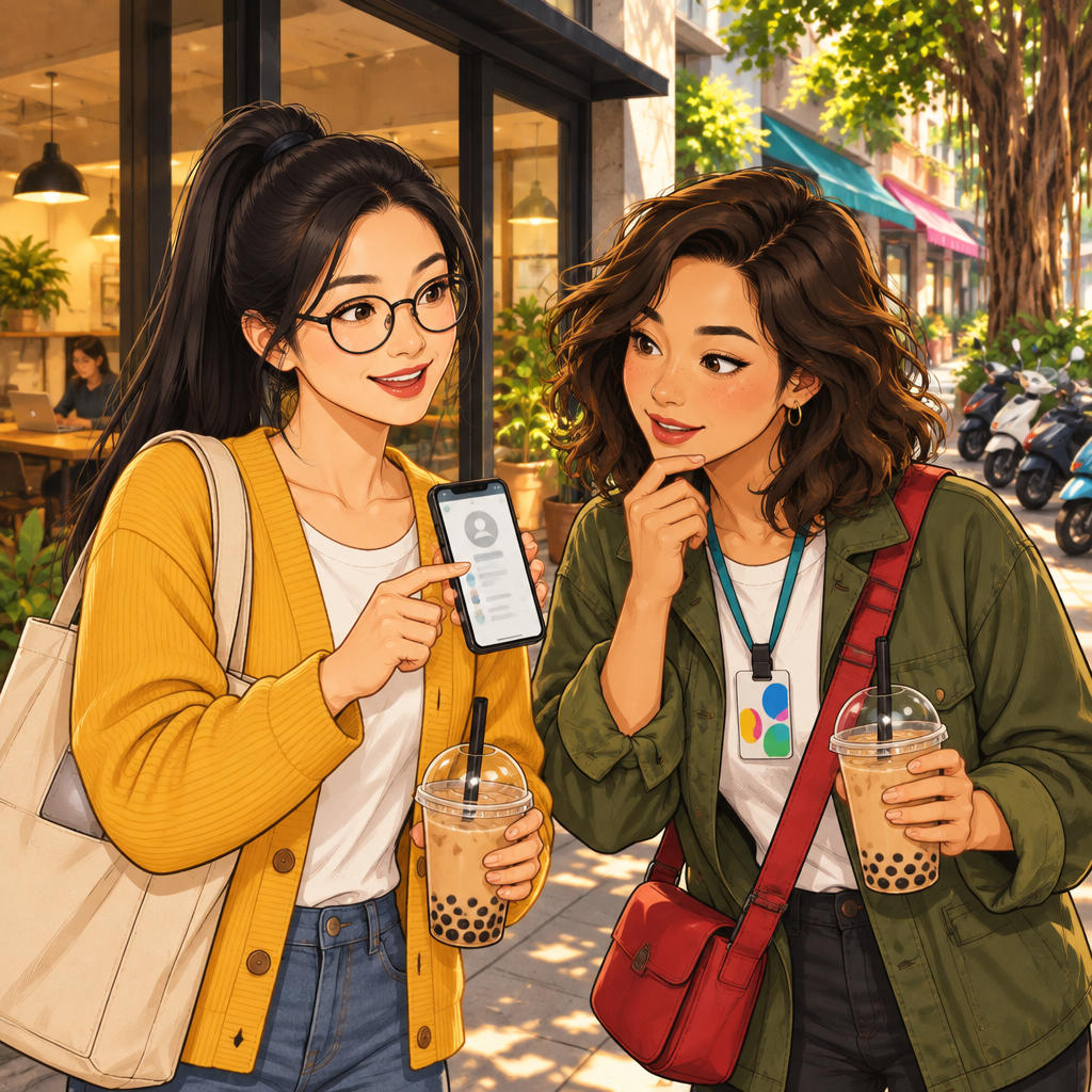 Yi-Jun shows Maya his contact profile on his phone.