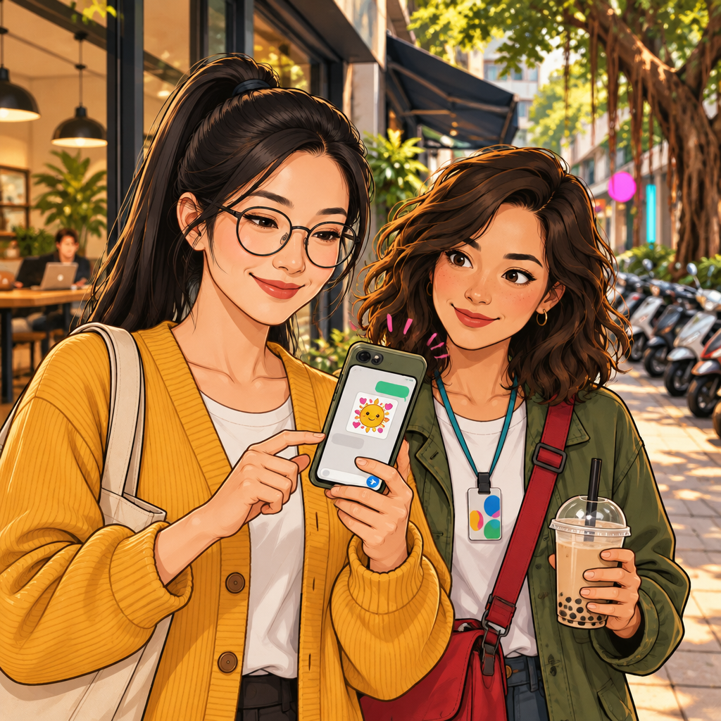 Yi-Jun taps his phone to send Maya a cheerful sticker.