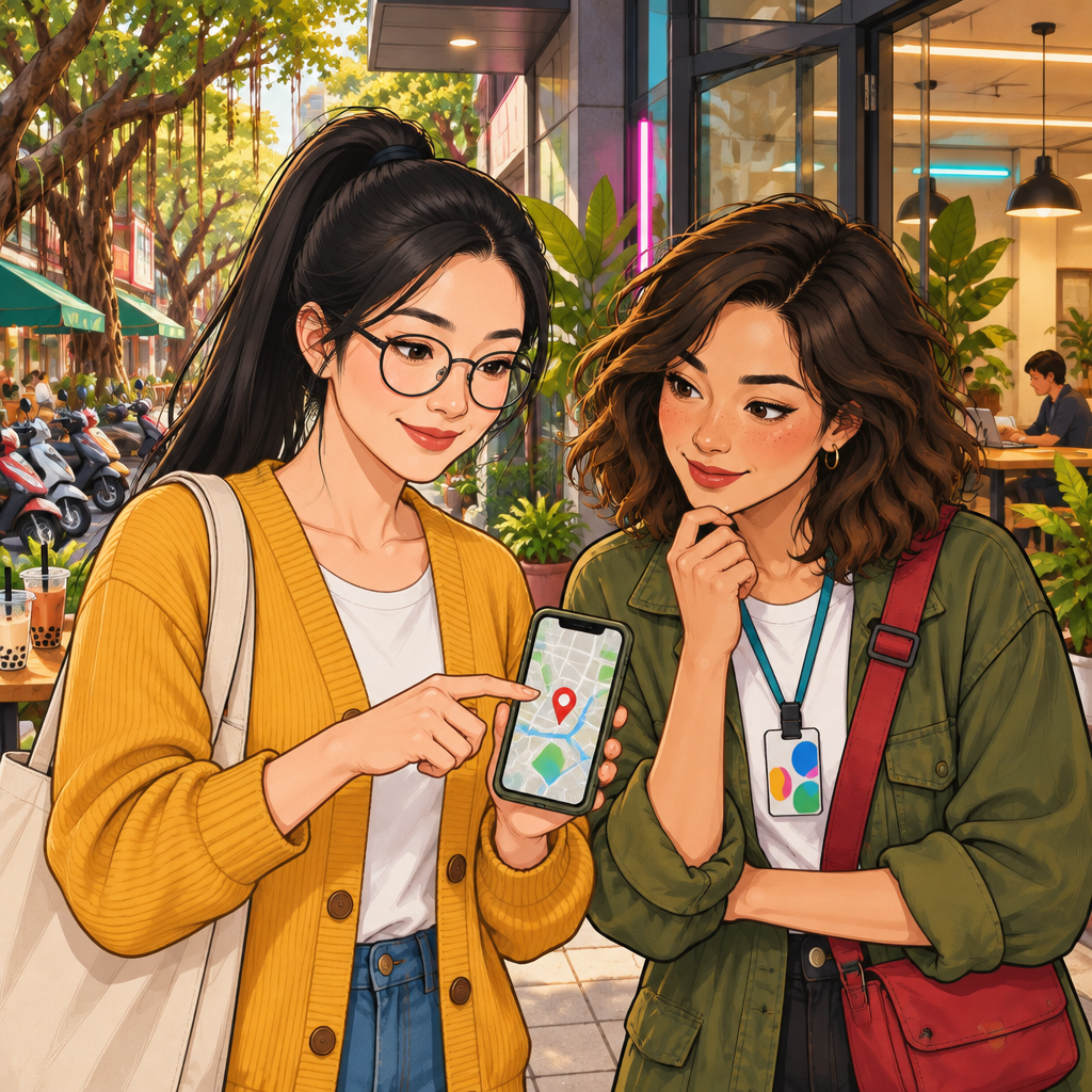 Yi-Jun shares his location with Maya using his phone.