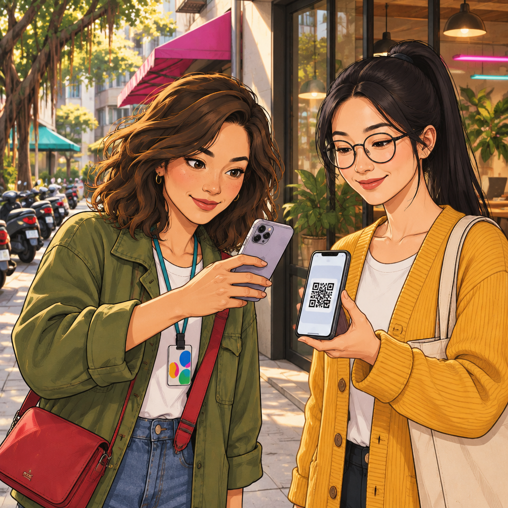 Maya scans the QR code displayed on Yi-Jun’s phone.