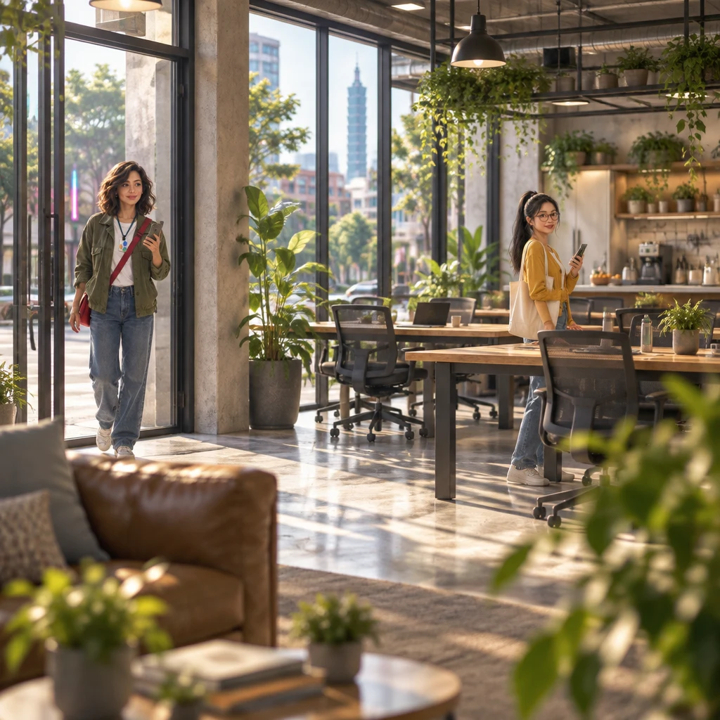 Maya arrives at the co-working space, lifts a phone, and Yi-Jun waits farther inside with a phone raised.
