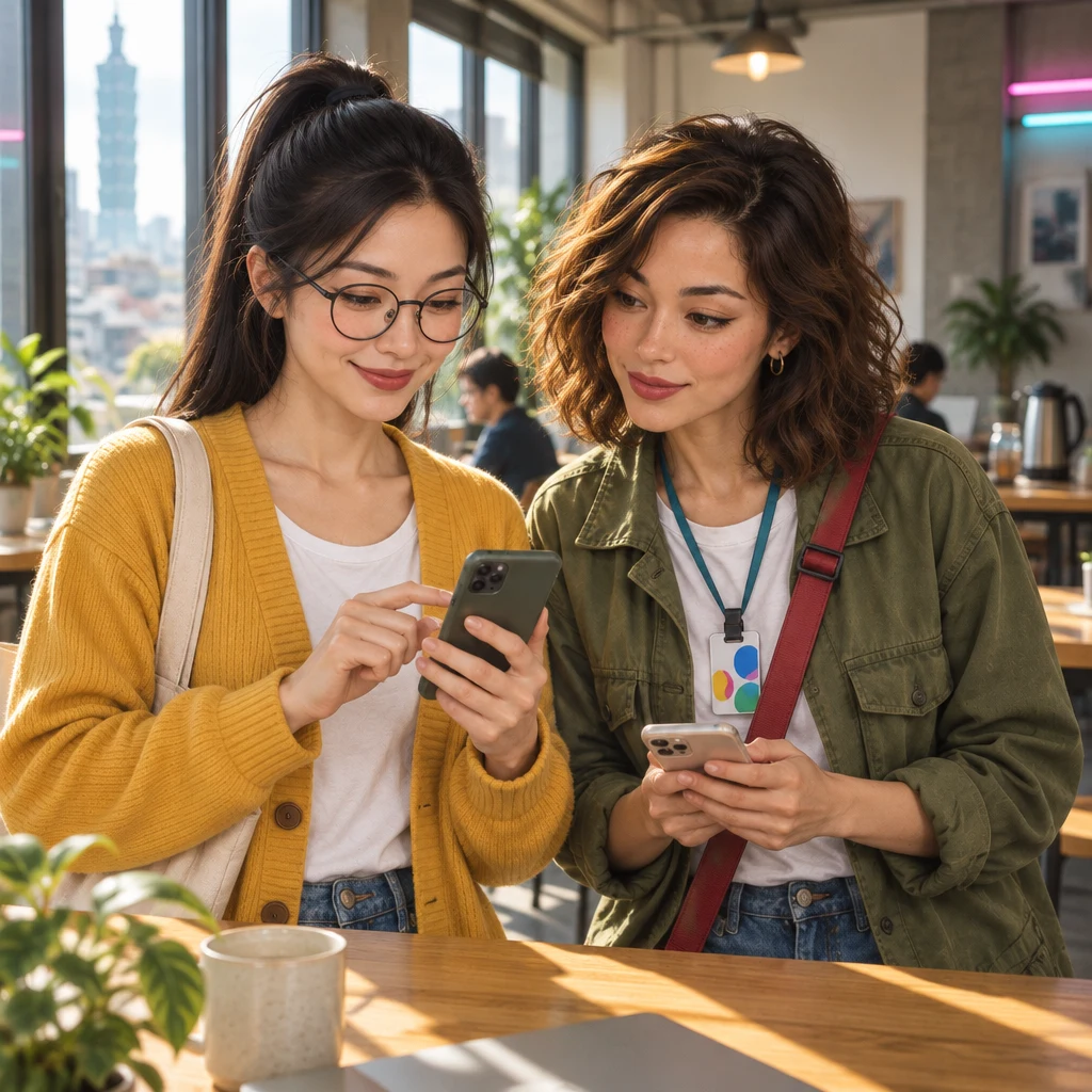 Yi-Jun holds a phone toward Maya and taps it to add Maya to the group.
