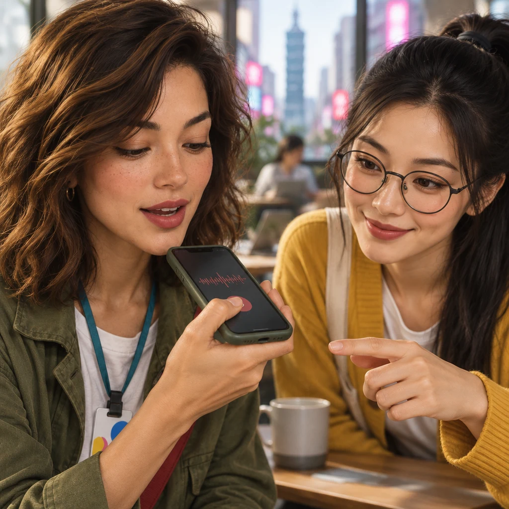 Maya records a voice message on a phone while Yi-Jun points at the phone to help.