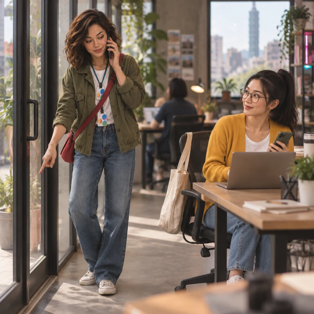 Maya asks a delivery driver by phone to leave her food outside the coworking-room door.