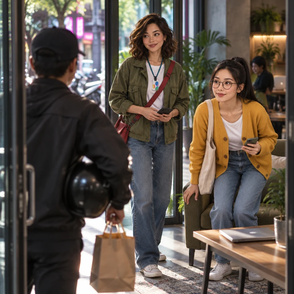 Maya tells Yi-Jun the delivery person is almost here as a driver steps into the coworking entrance.