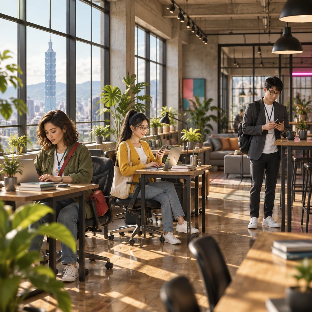 In a sunlit Taipei coworking loft, Maya and Yi-Jun sit at neighboring desks with different tasks while Zhi-Ming stands apart composing a short phone message.