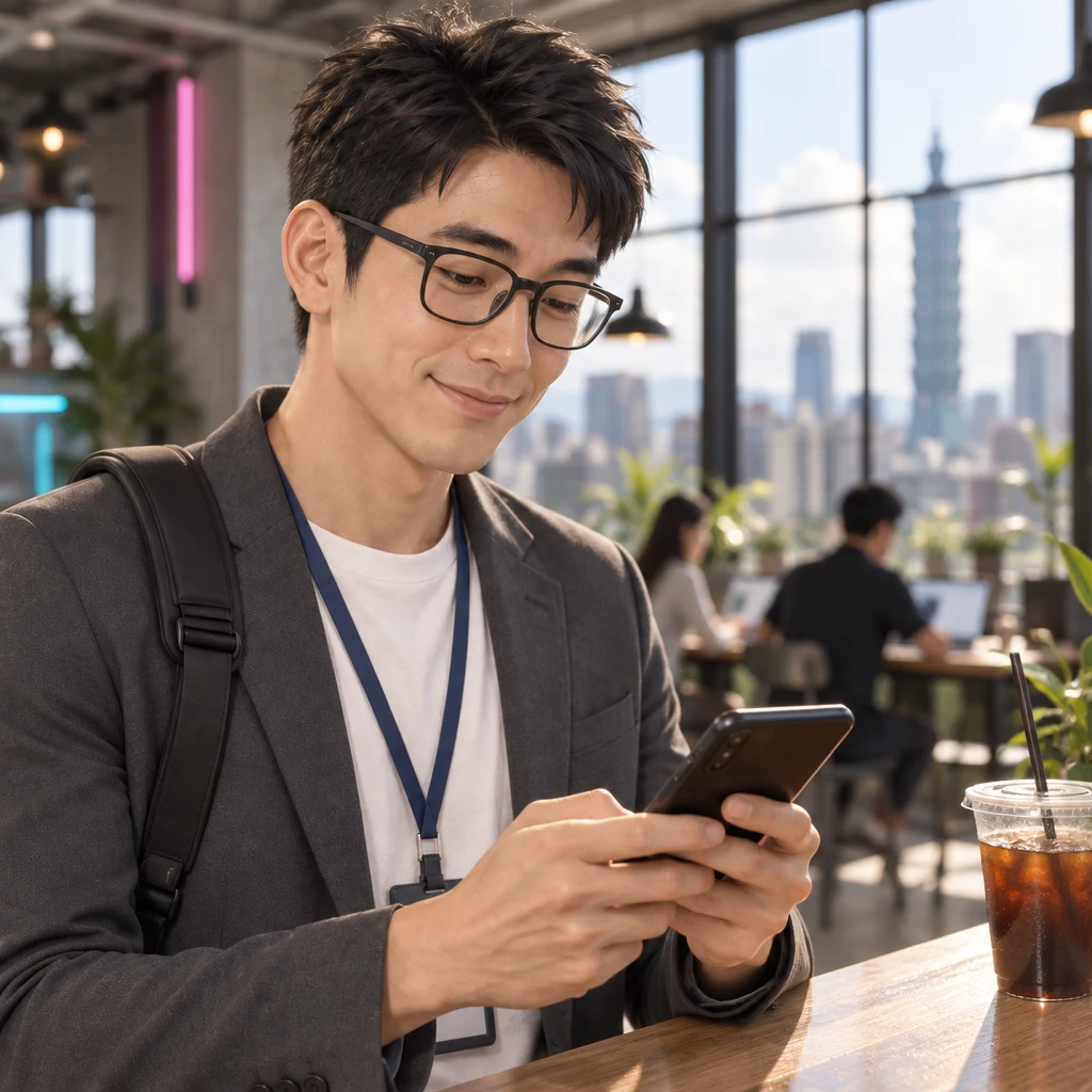 Zhi-Ming stands alone at a high coworking table and thumbs a very short message on a phone.