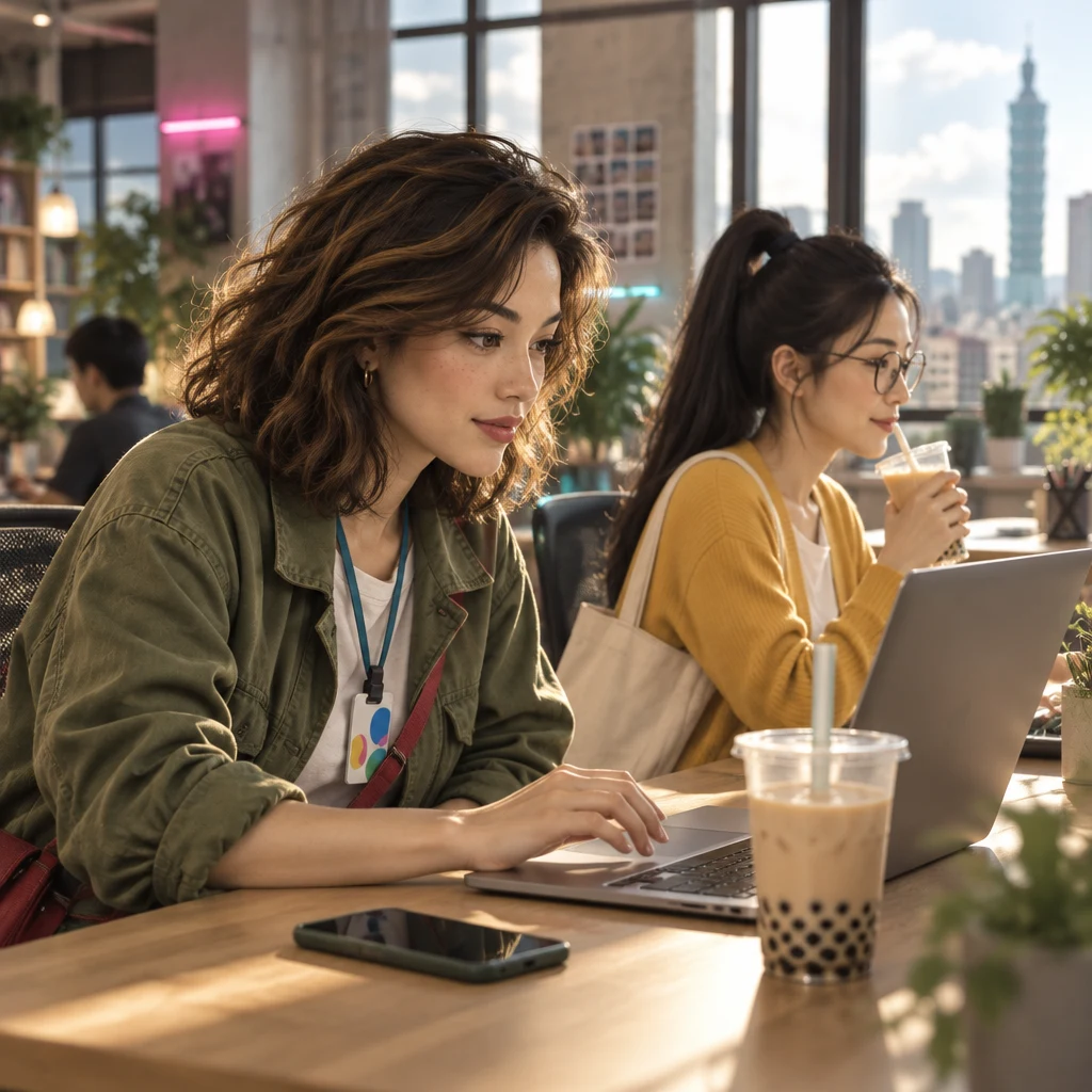 Maya leans into a laptop as if checking something that just arrived, phone beside bubble tea, while Yi-Jun sips a drink.