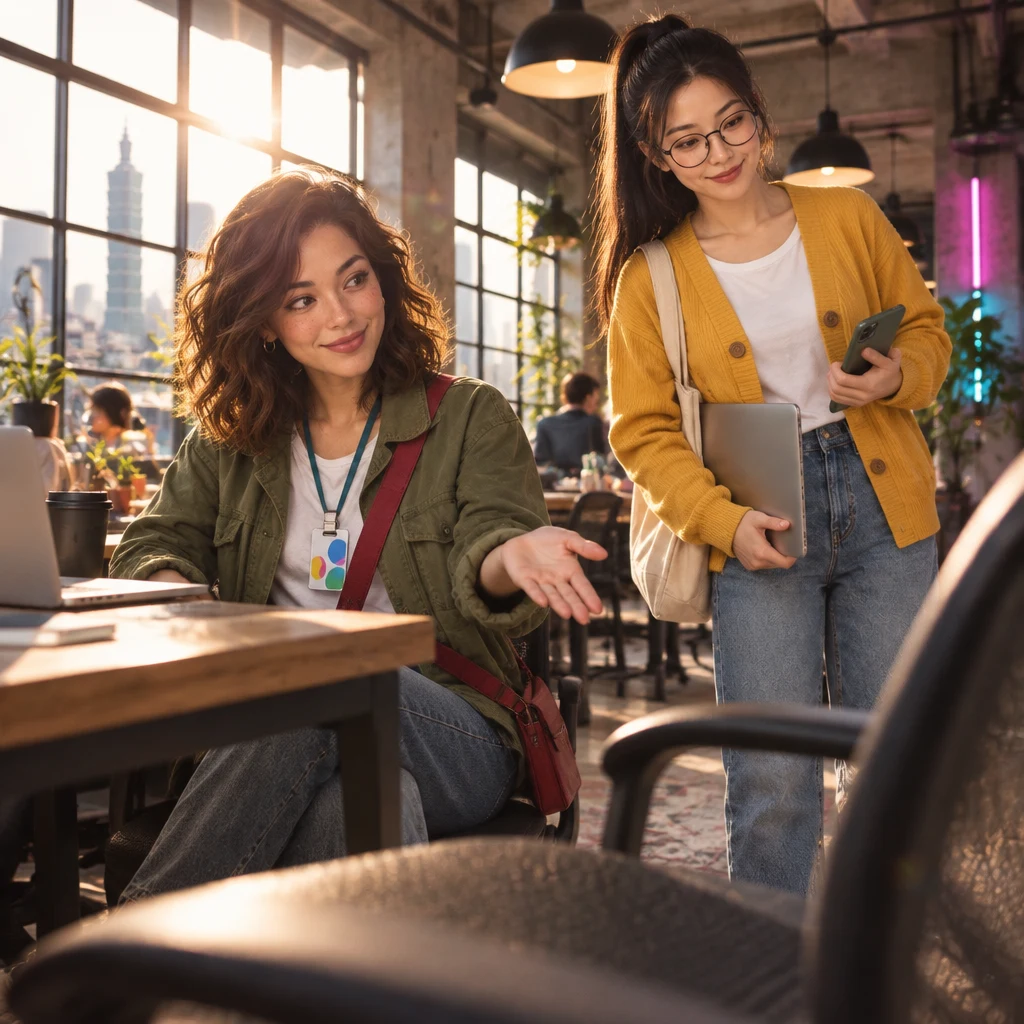 Maya gestures toward an empty chair while seated Yi-Jun looks up from the next desk with a half-closed laptop.