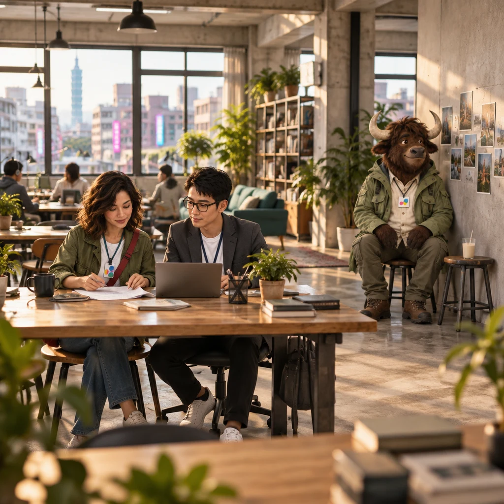 Maya and Zhi-Ming sit at a shared Da'an co-working table over a laptop and papers while A-Li the yak watches from two stools at the back with unfinished soy milk.