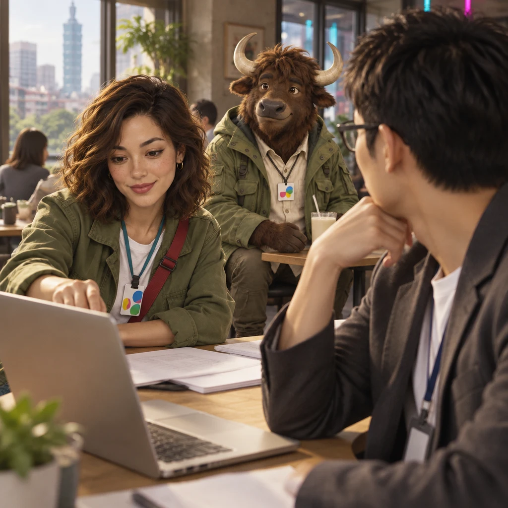 Maya leans in and taps a blank laptop while Zhi-Ming watches from the near side and A-Li the yak turns toward Maya.