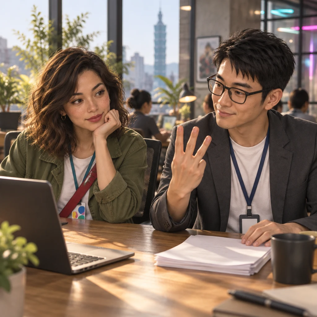Zhi-Ming holds up three fingers over a stack of papers while Maya sits back with chin in hand.