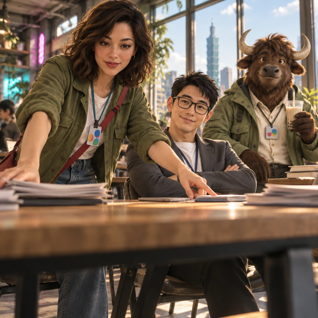 Maya half-stands and sweeps a pile aside, pointing toward the next stack, while Zhi-Ming leans back with crossed arms and A-Li the yak lifts the soy-milk cup.