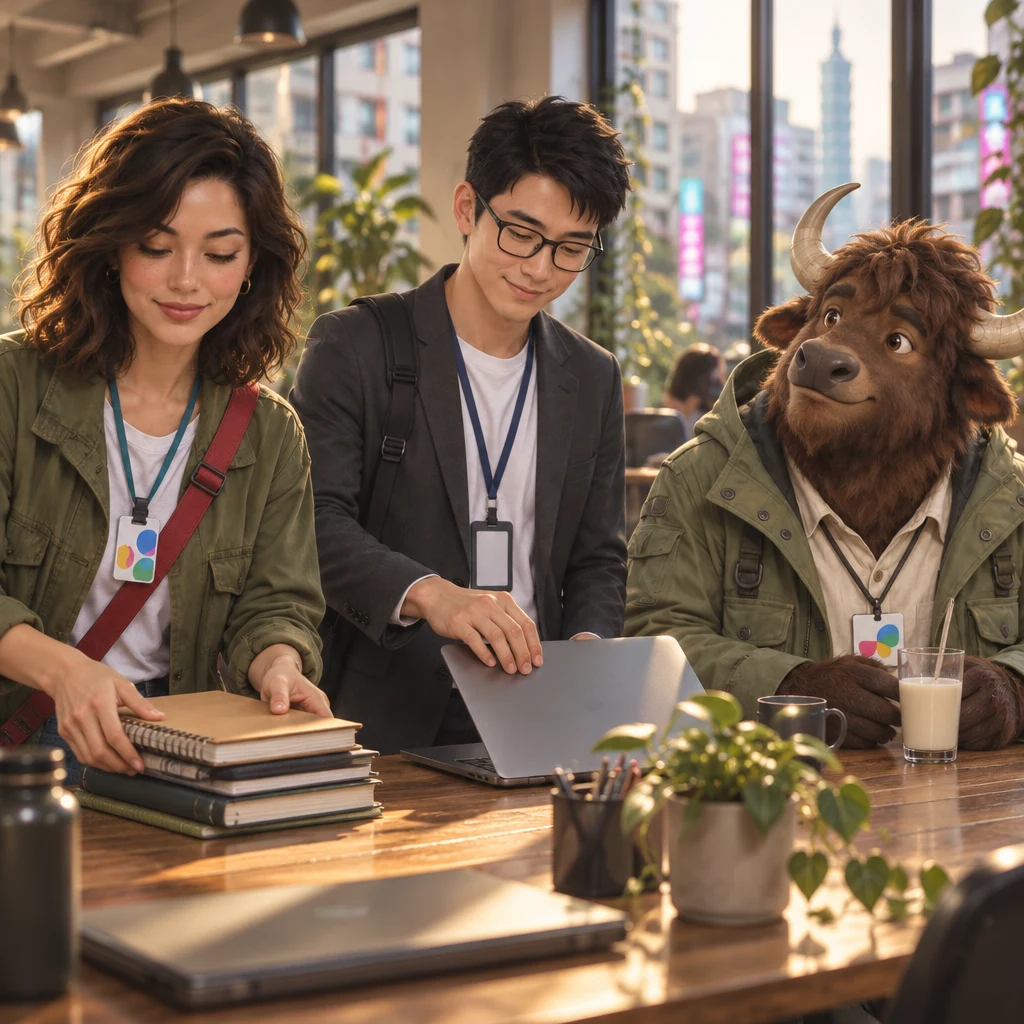Zhi-Ming closes the laptop while Maya stacks notebooks and A-Li the yak looks up from unfinished soy milk.