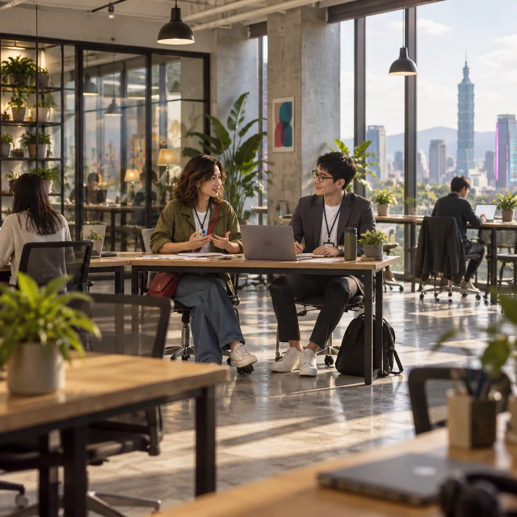 Maya and Zhi-Ming sit across a small desk in a Taipei coworking studio for a brief project check-in.