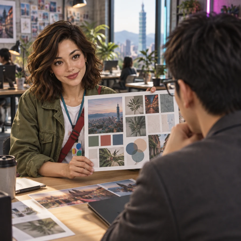 Maya lifts a finished printed design board toward Zhi-Ming as he leans in to look.
