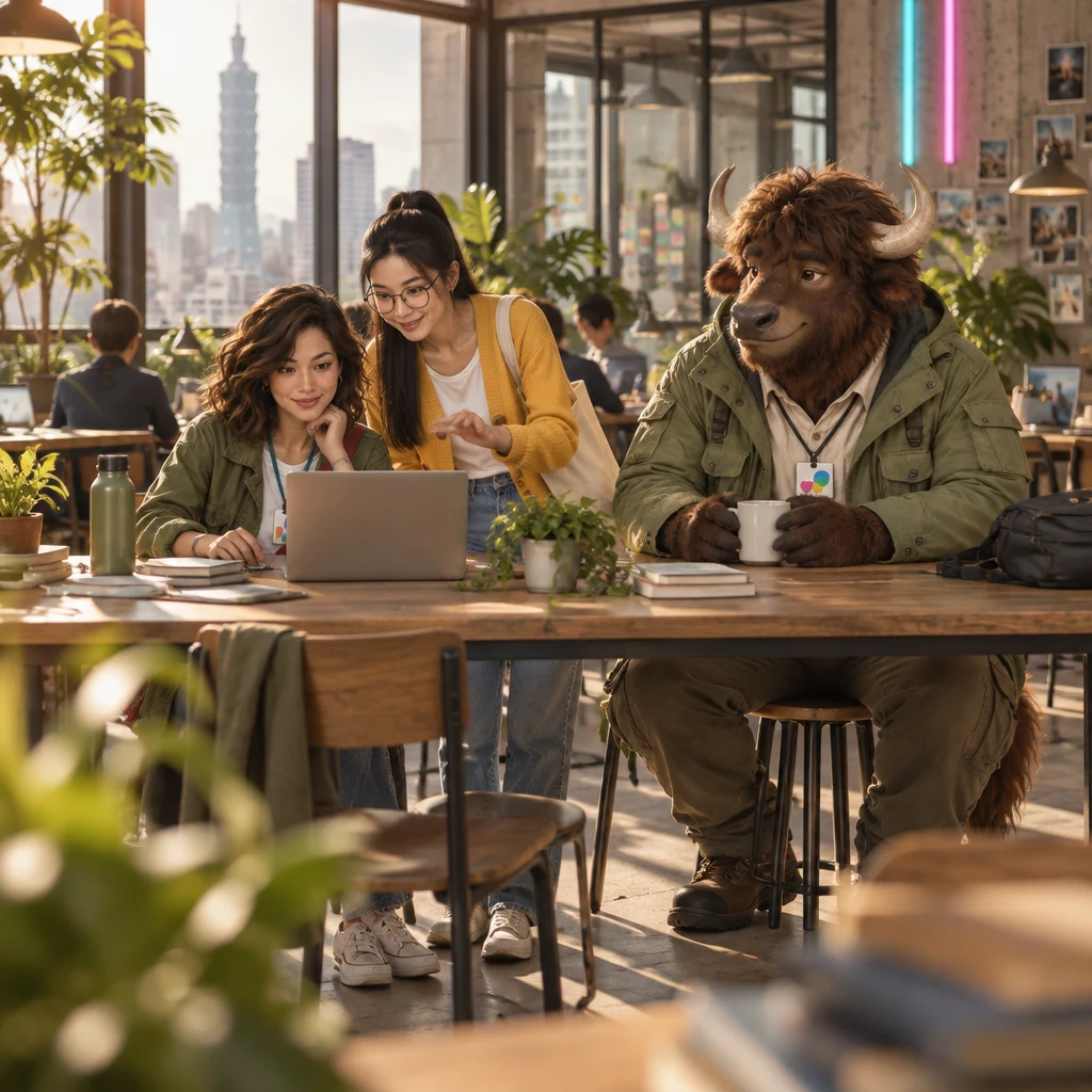 Maya sits at a coworking desk with a laptop open while Yi-Jun leans in to cut an extra courtesy and A-Li the yak occupies a pair of stools.