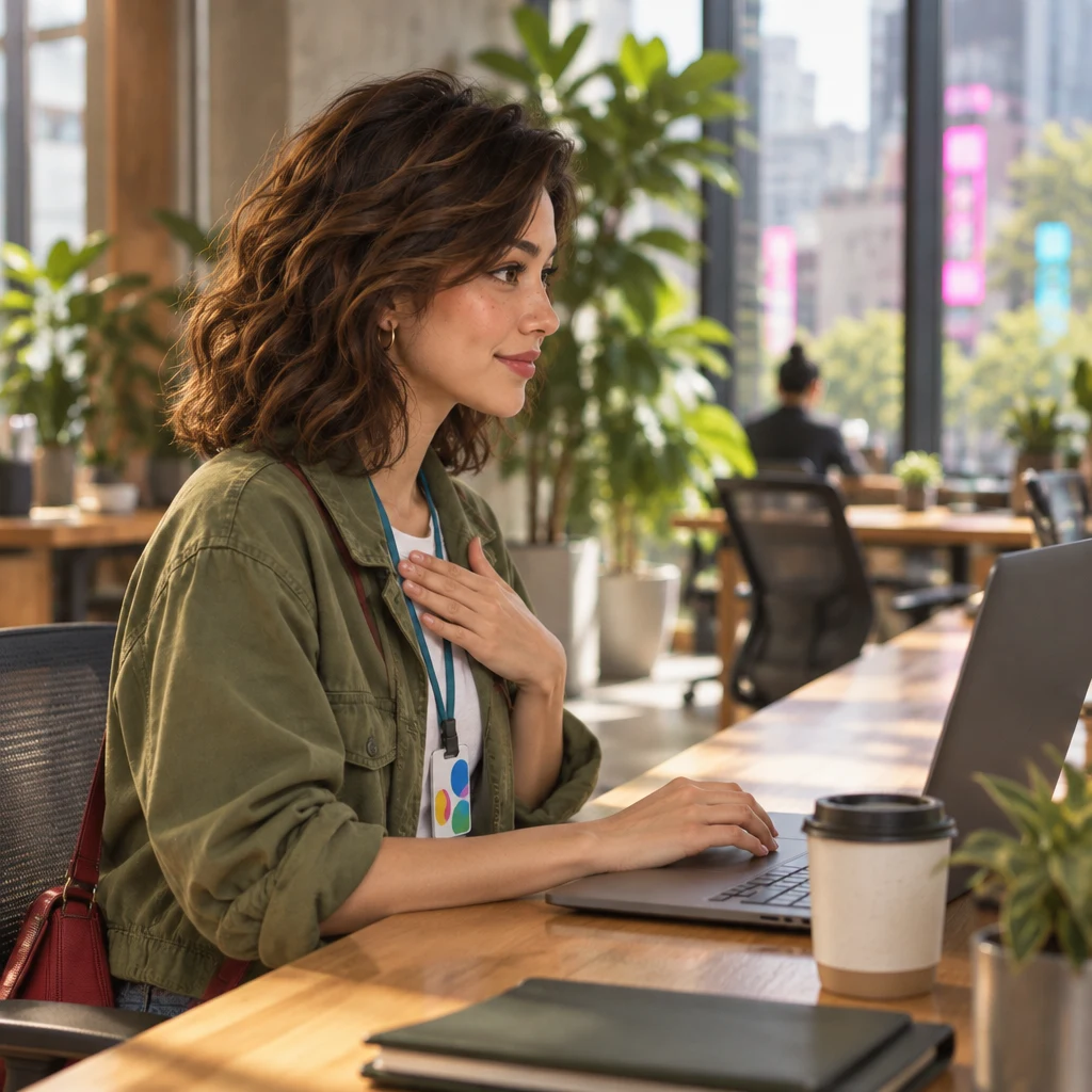 Maya sits at the laptop with a hand on the chest in a polite self-introduction.