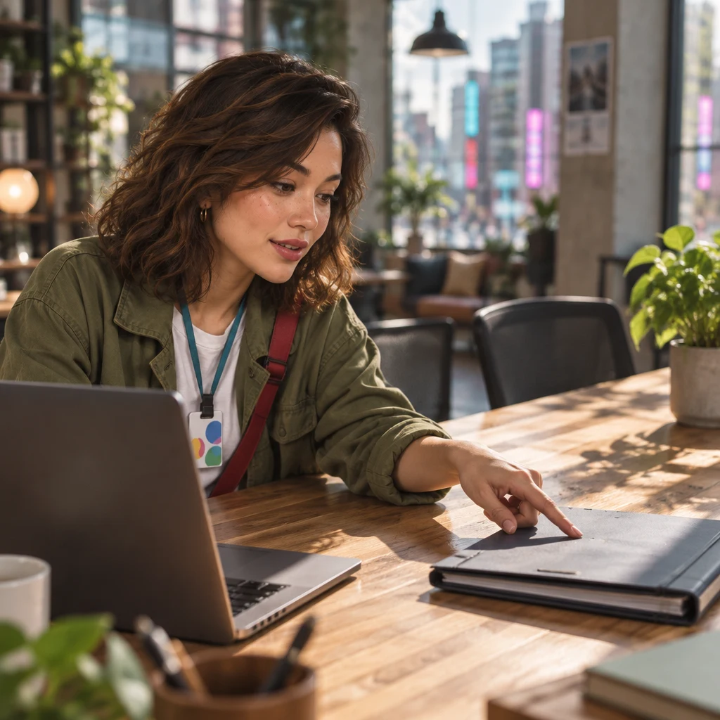 Maya leans forward and points at a project folder beside the laptop while checking the work's progress.
