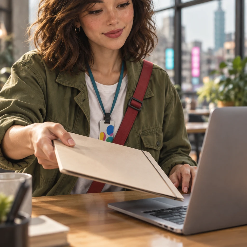 Maya holds a closed document folder toward the laptop as if attaching the newest file.