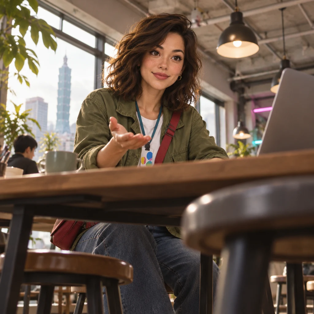 Maya faces the laptop with an open palm, inviting any problems to be named.