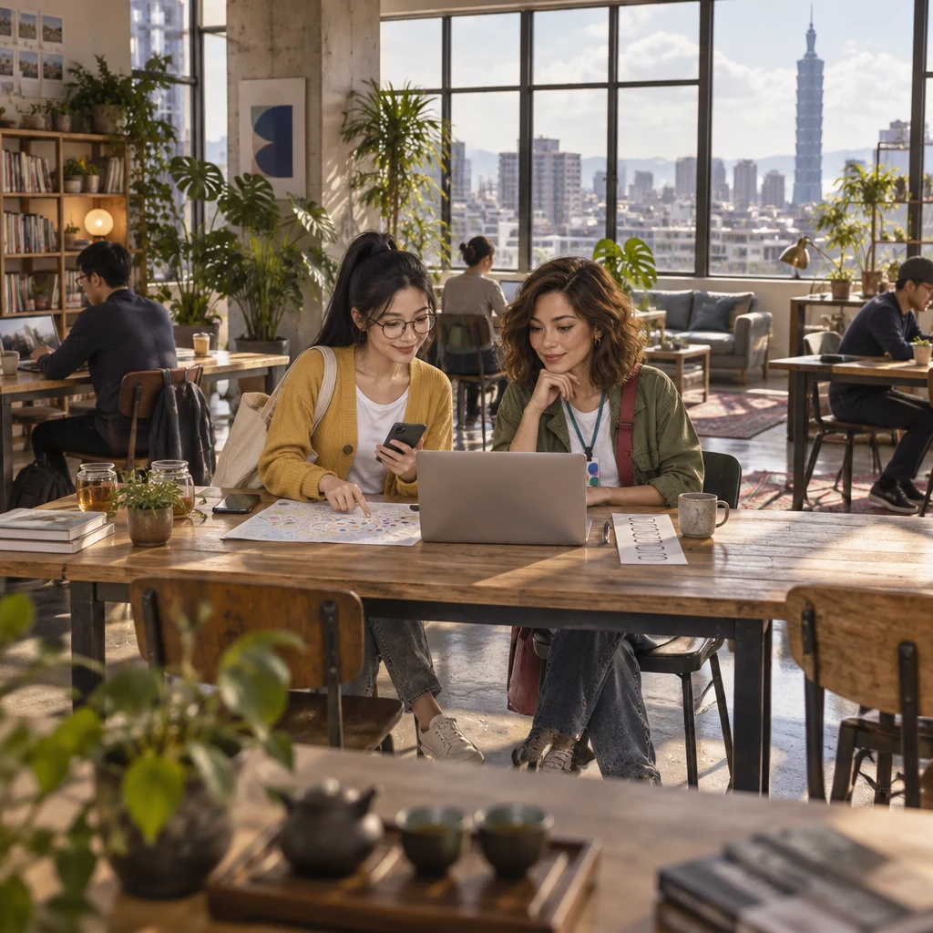 Yi-Jun and Maya sit small at a sunlit coworking table with a laptop between a dotted map and a column of clock marks.