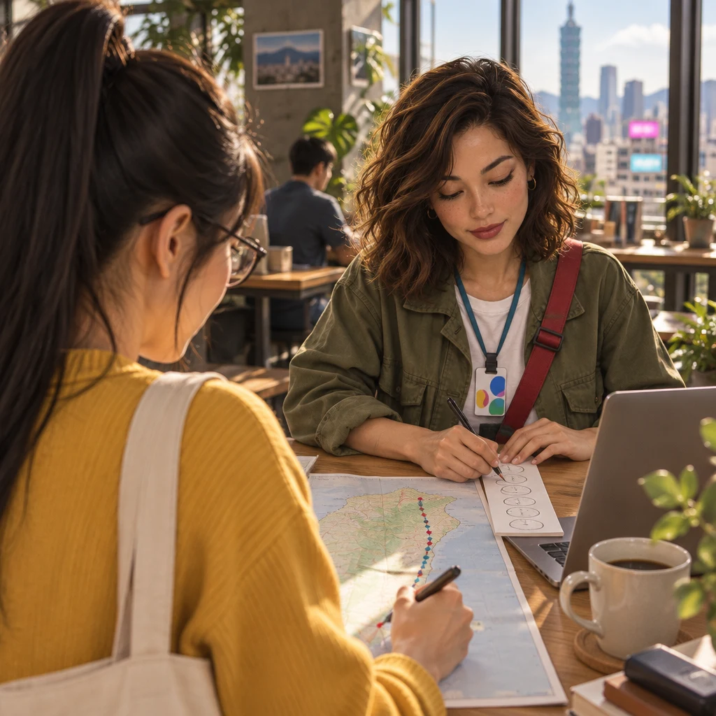 Yi-Jun traces a long southbound line of colored dots on a map while Maya writes on a clock column without looking at the map.