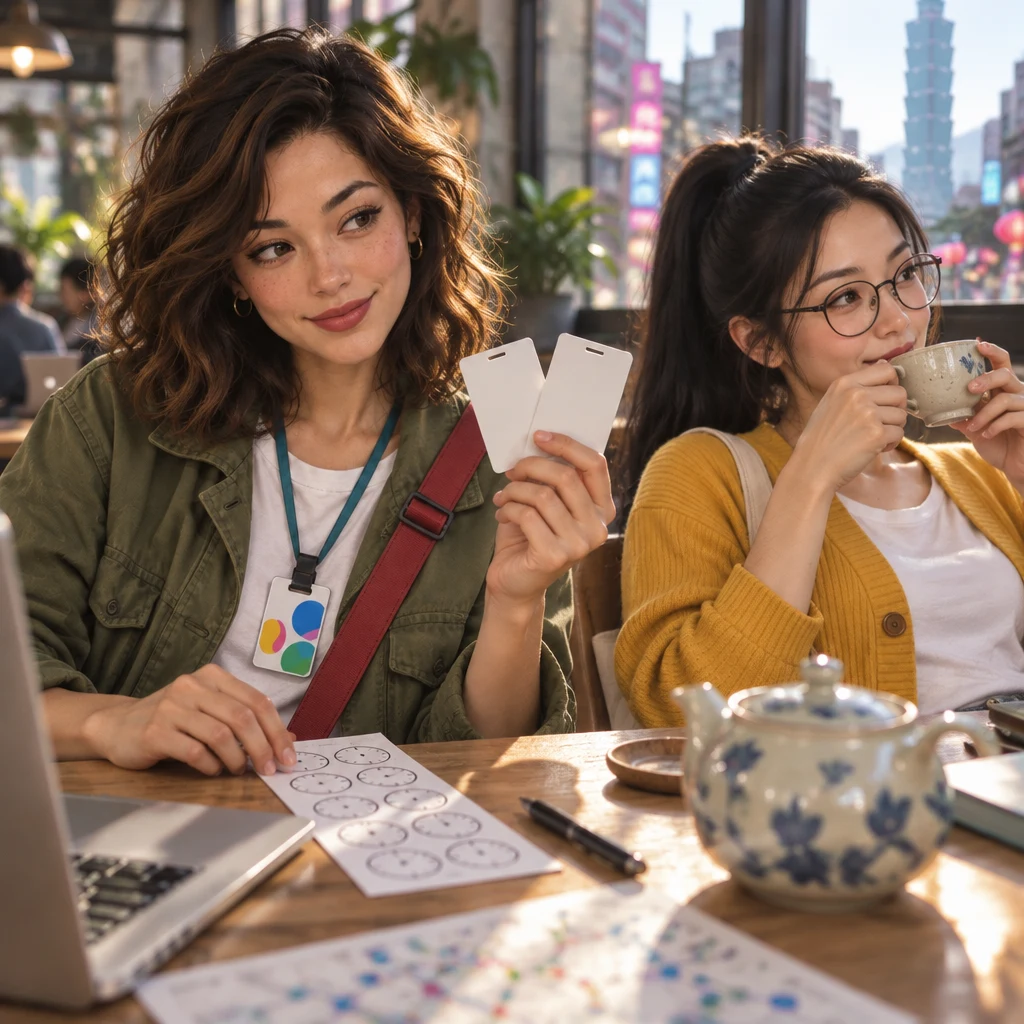 Maya holds up a pair of keycards beside a column of clock marks while Yi-Jun leans back sipping tea.