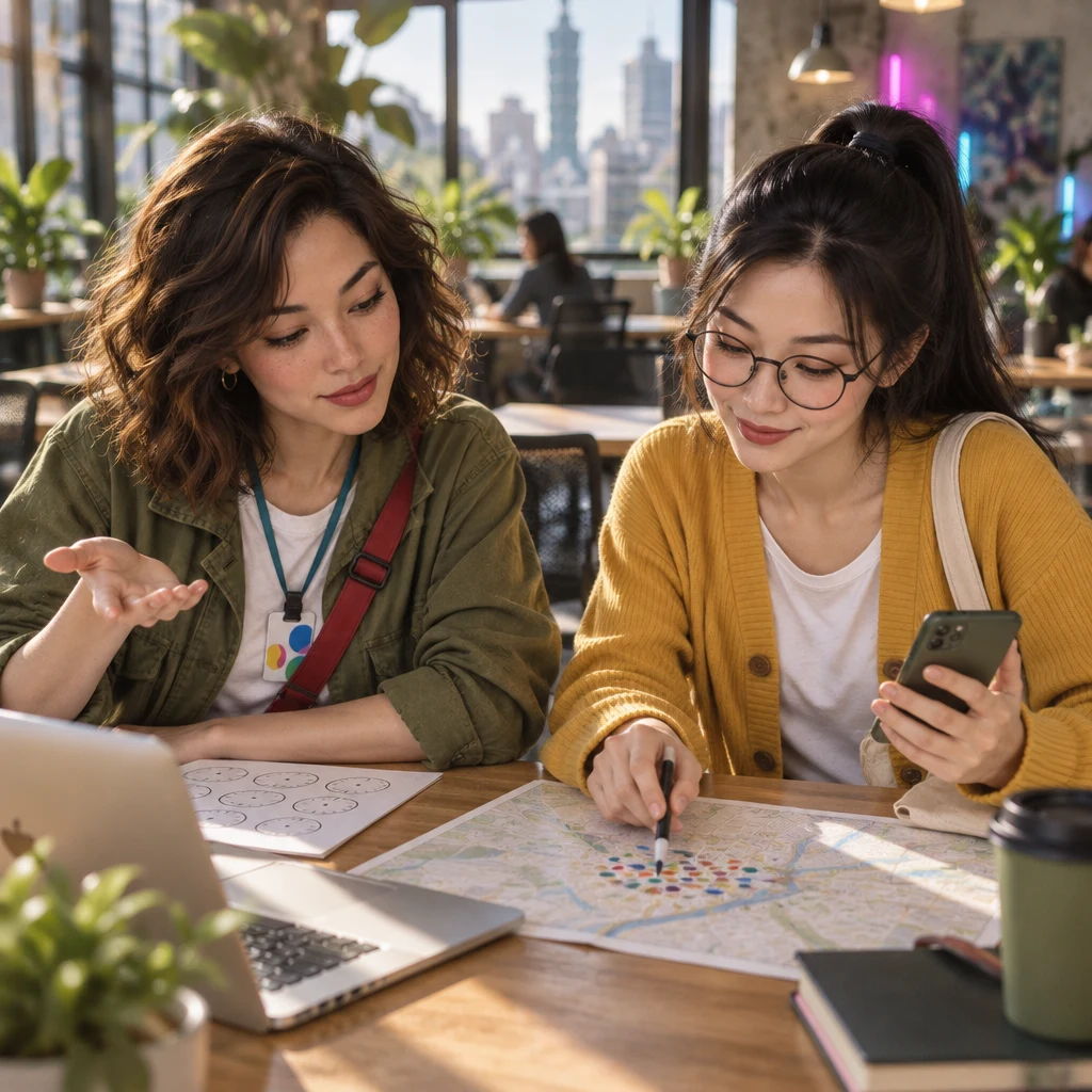 Maya leans toward the dotted map with an open questioning palm while Yi-Jun taps a cluster of dots with a pen.