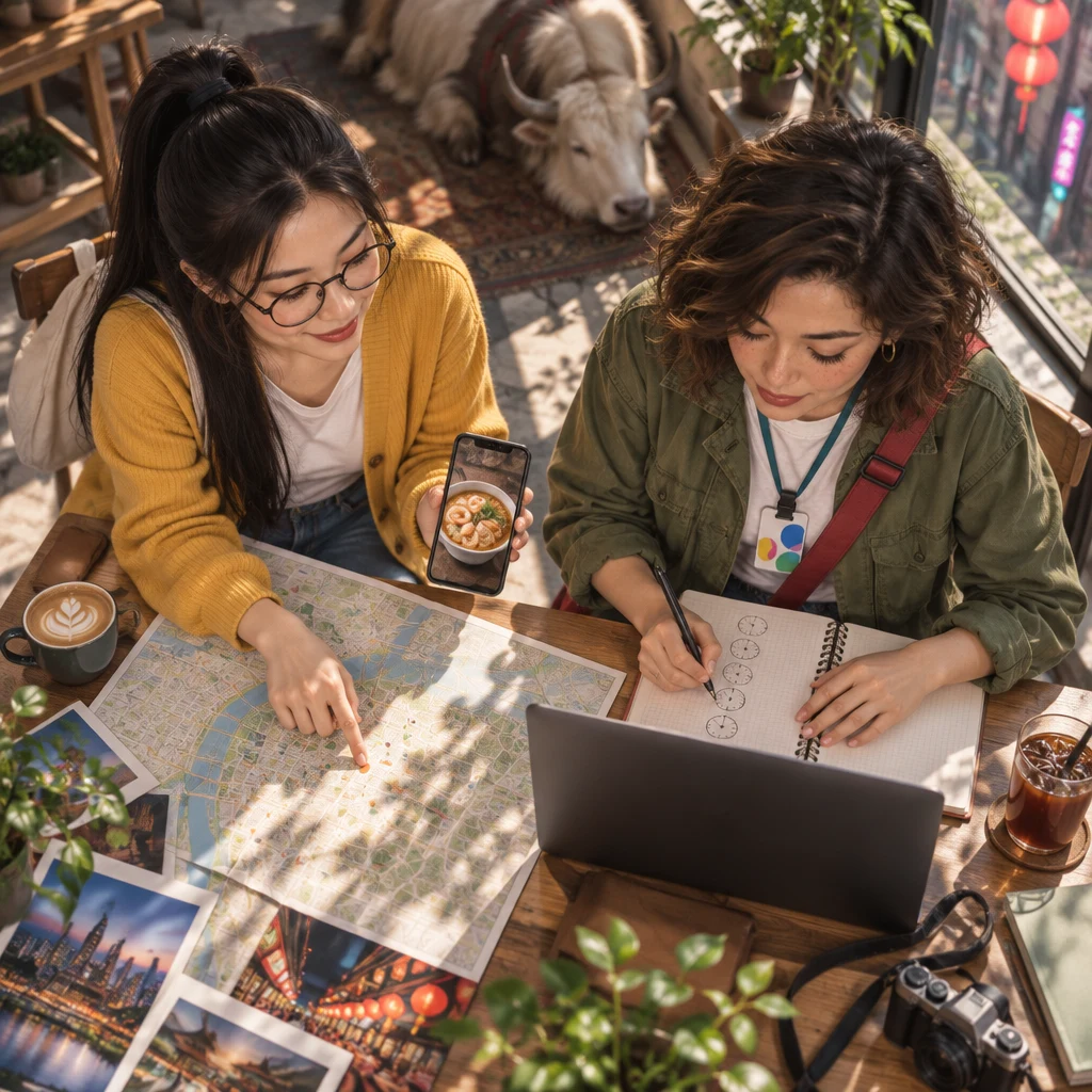 Yi-Jun points at a warm-colored map dot and holds a phone showing a small shrimp noodle bowl while Maya keeps writing on a clock sheet.
