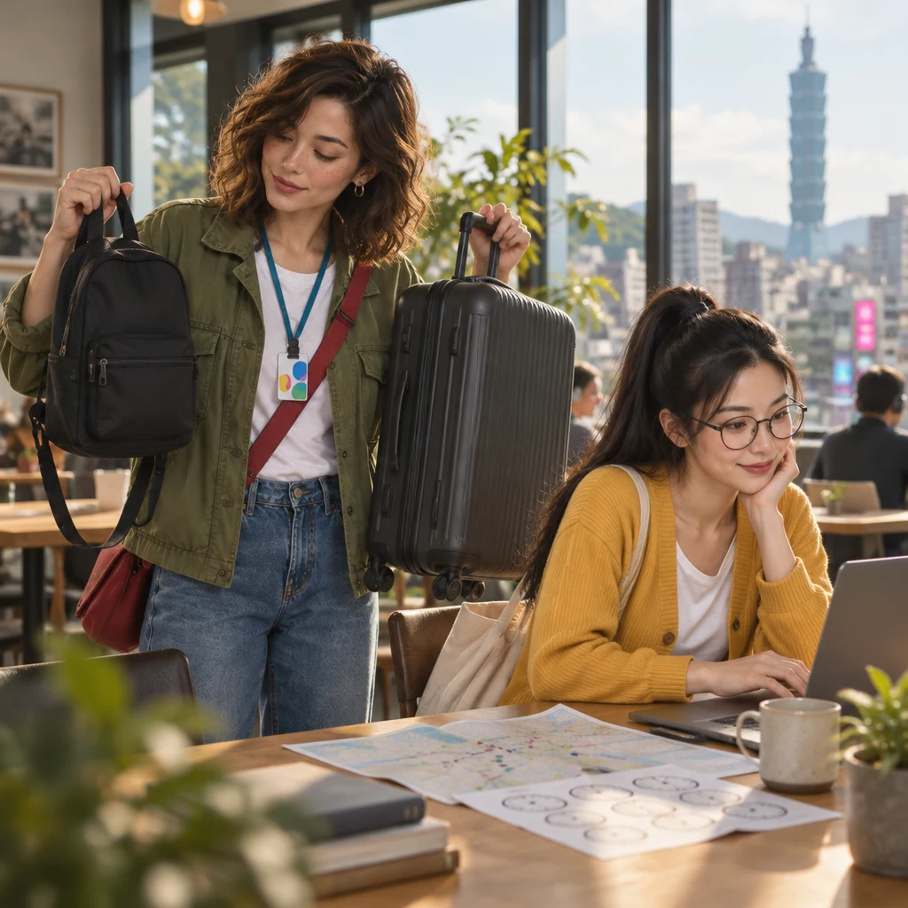 Maya weighs a small backpack against a larger suitcase while Yi-Jun leans on one hand and watches the laptop.
