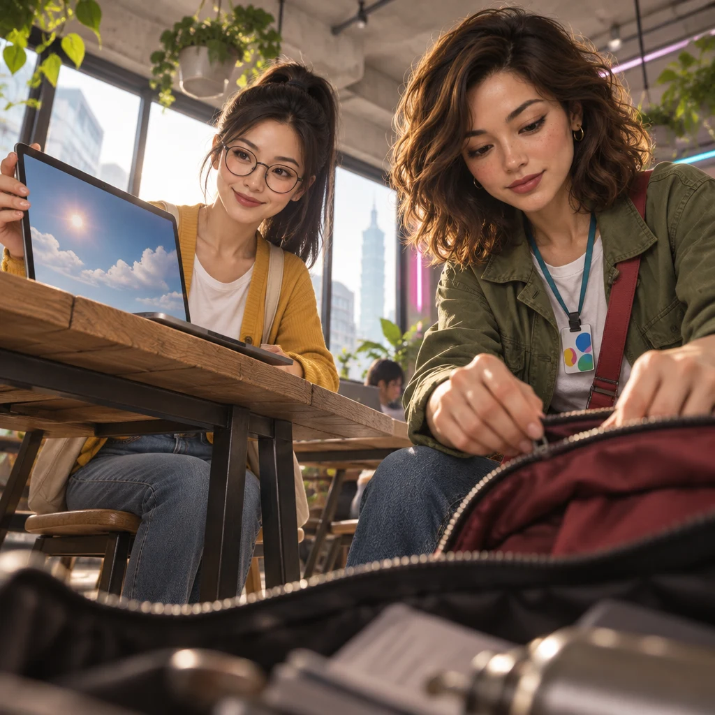 Yi-Jun turns the laptop to show only sun and cloud shapes while Maya unzips a backpack and looks at the bag, not the display.