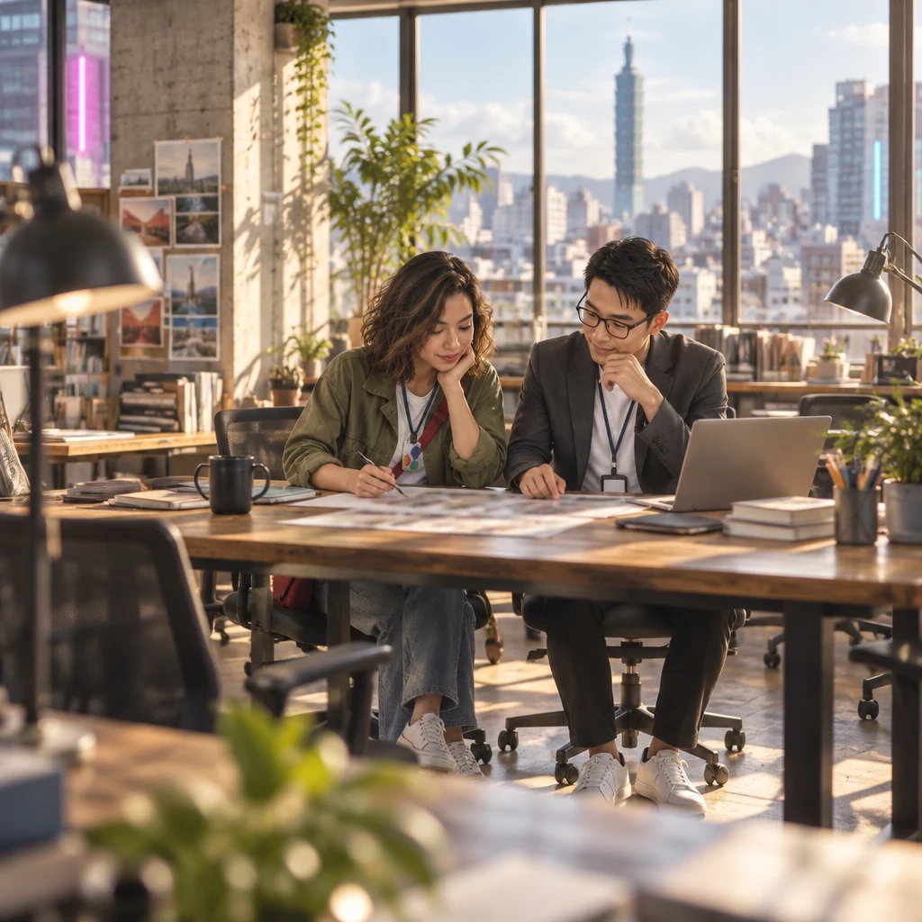 Maya and Zhi-Ming sit at a sunlit Taipei design-studio table with a nearly finished draft between them, both studying the work as if the due day is too soon.