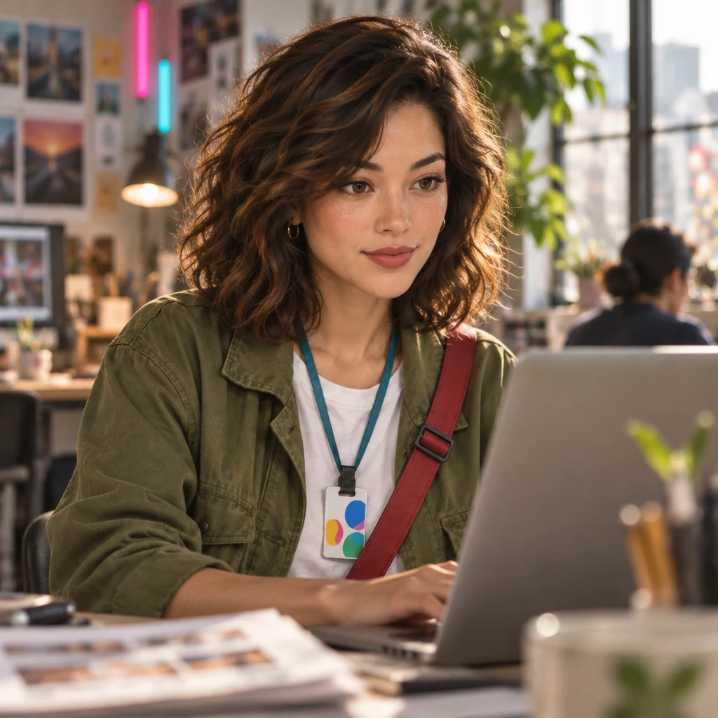 Maya sits tall at the laptop, steady and ready to finish the work on time.