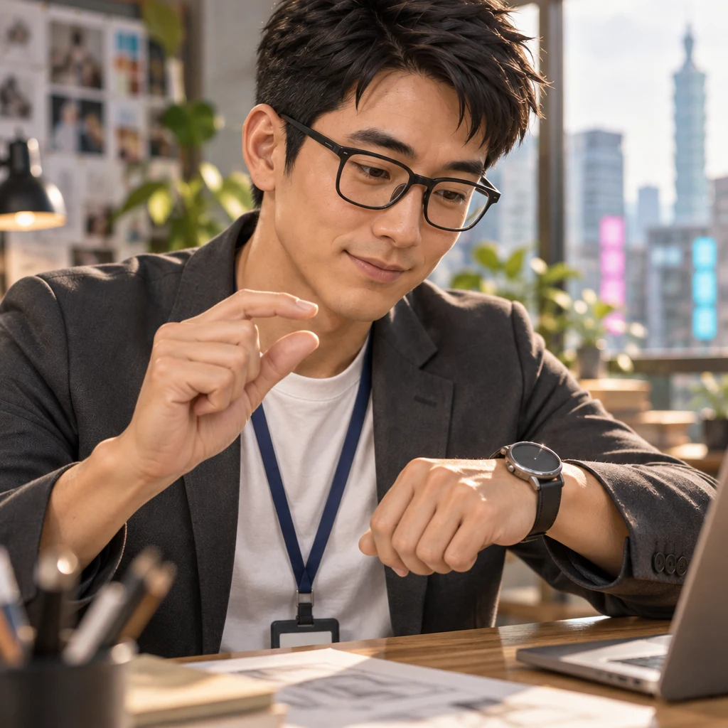 Zhi-Ming pinches a small gap between thumb and finger and turns a blank watch face toward the light, showing that the schedule is tight.
